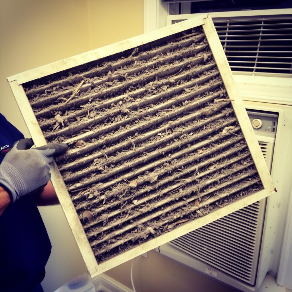 Clogged dirty air filter pulled from an Oakland CA home AC system