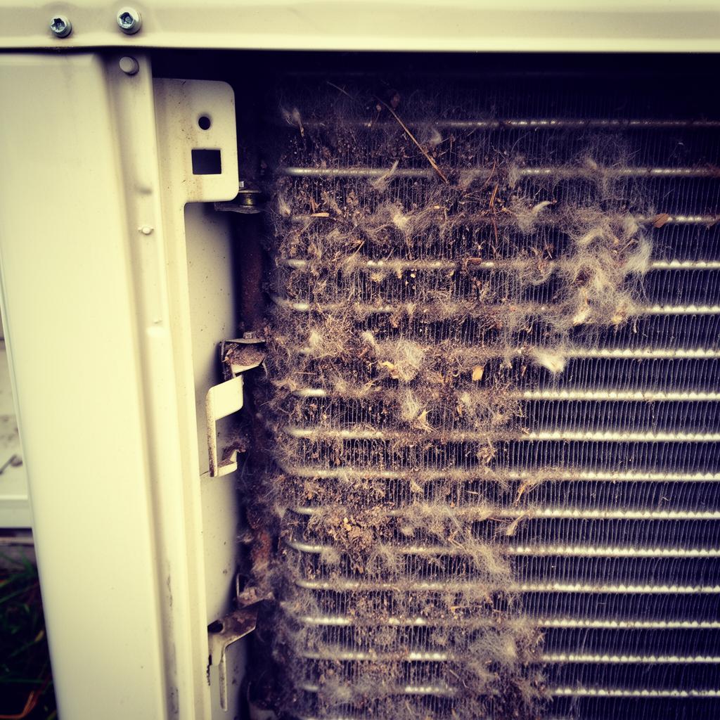 Dirty AC condenser coil clogged with debris at an Oakland CA home