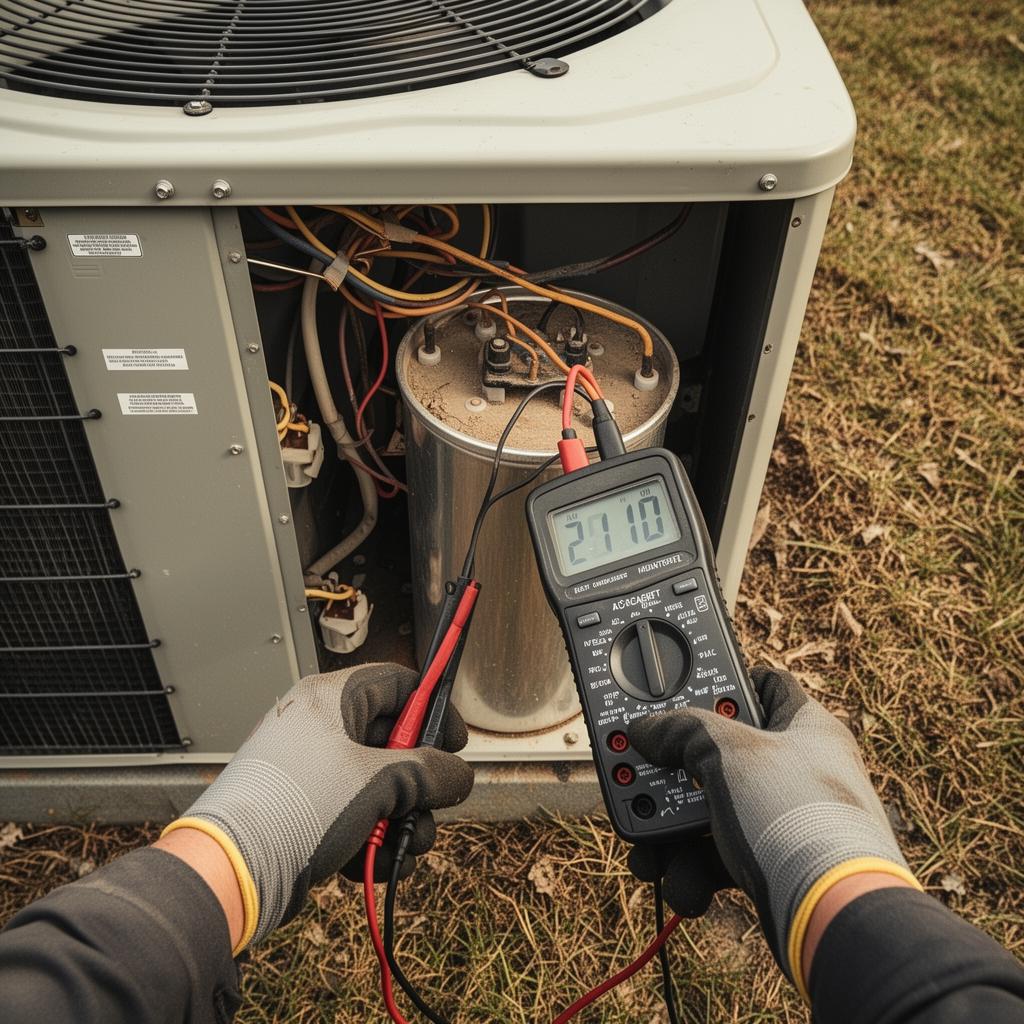 HVAC technician testing an AC capacitor with a multimeter during a repair in Oakland CA