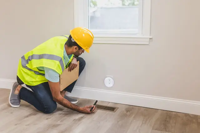 Worker kneeling to check airflow at a floor register